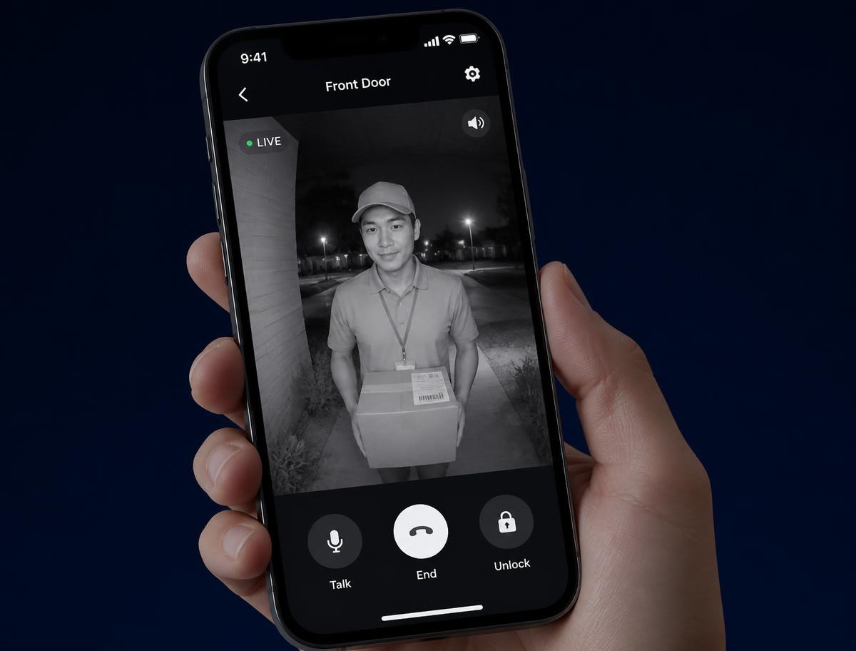 IntelliBell Doorbell app showing a live night-vision video call with a courier at the front door