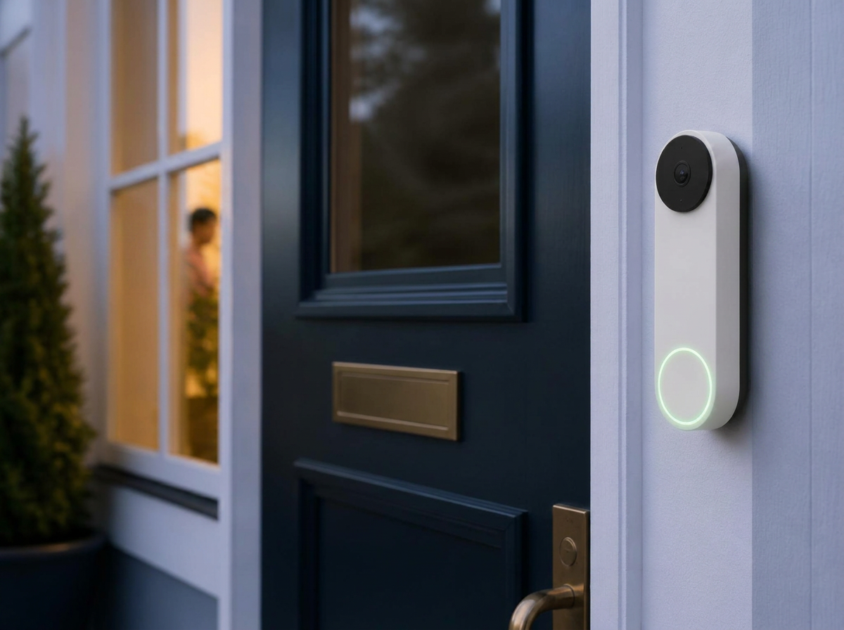 IntelliBell Doorbell mounted next to a navy front door at dusk with its ring light glowing